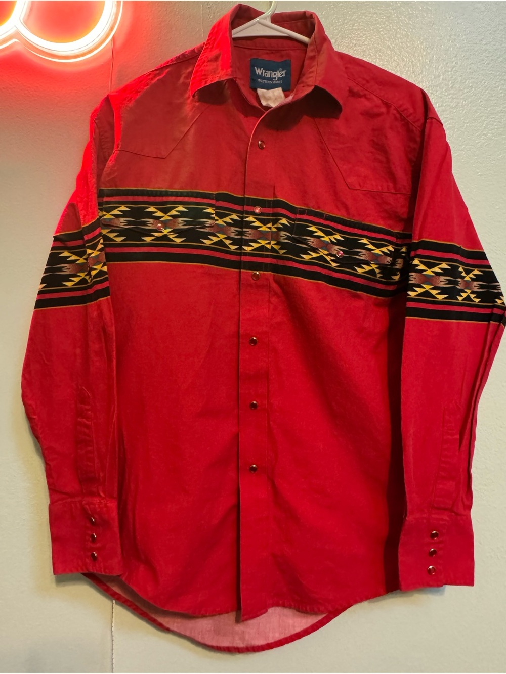 Wrangler Red Western Button-Down Shirt with Southwestern Stripe